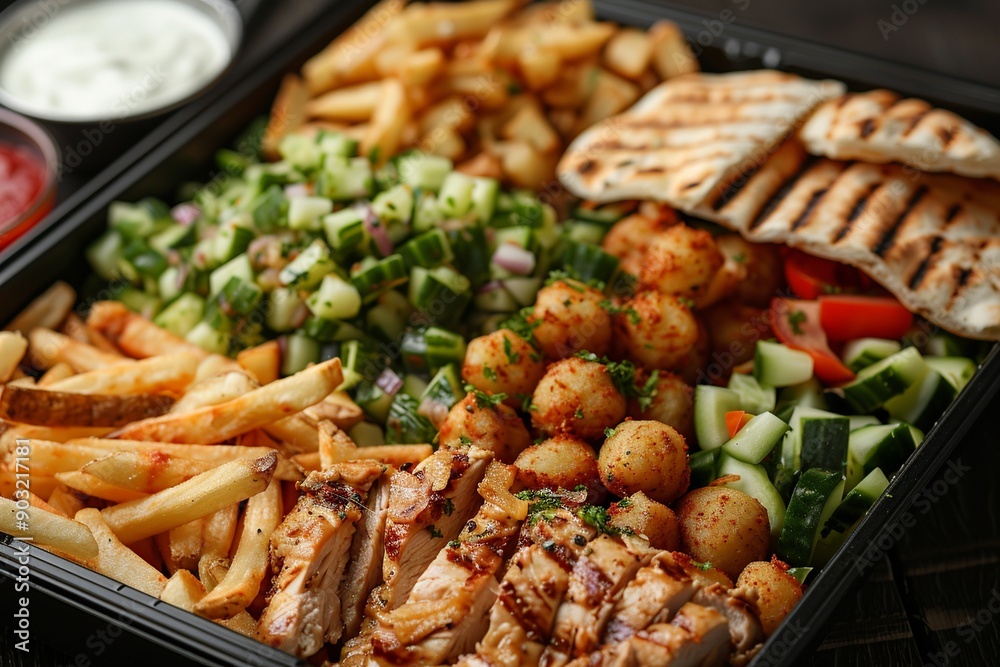 This mouth-watering frybox is filled with golden fries, juicy chicken pieces, perfectly fried potato balls, fluffy pita bread, and a variety of fresh vegetables, presented in an inviting This mouth-watering frybox is filled with golden fries, juicy chicken pieces, perfectly fried potato balls, fluffy pita bread, and a variety of fresh vegetables, presented in an inviting