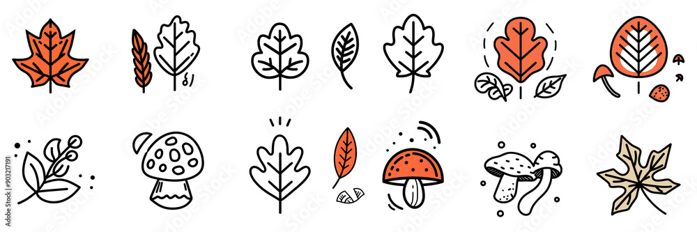 Outline icons of autumn, vector thin line symbols isolated on transparent background Outline icons of autumn, vector thin line symbols isolated on transparent background