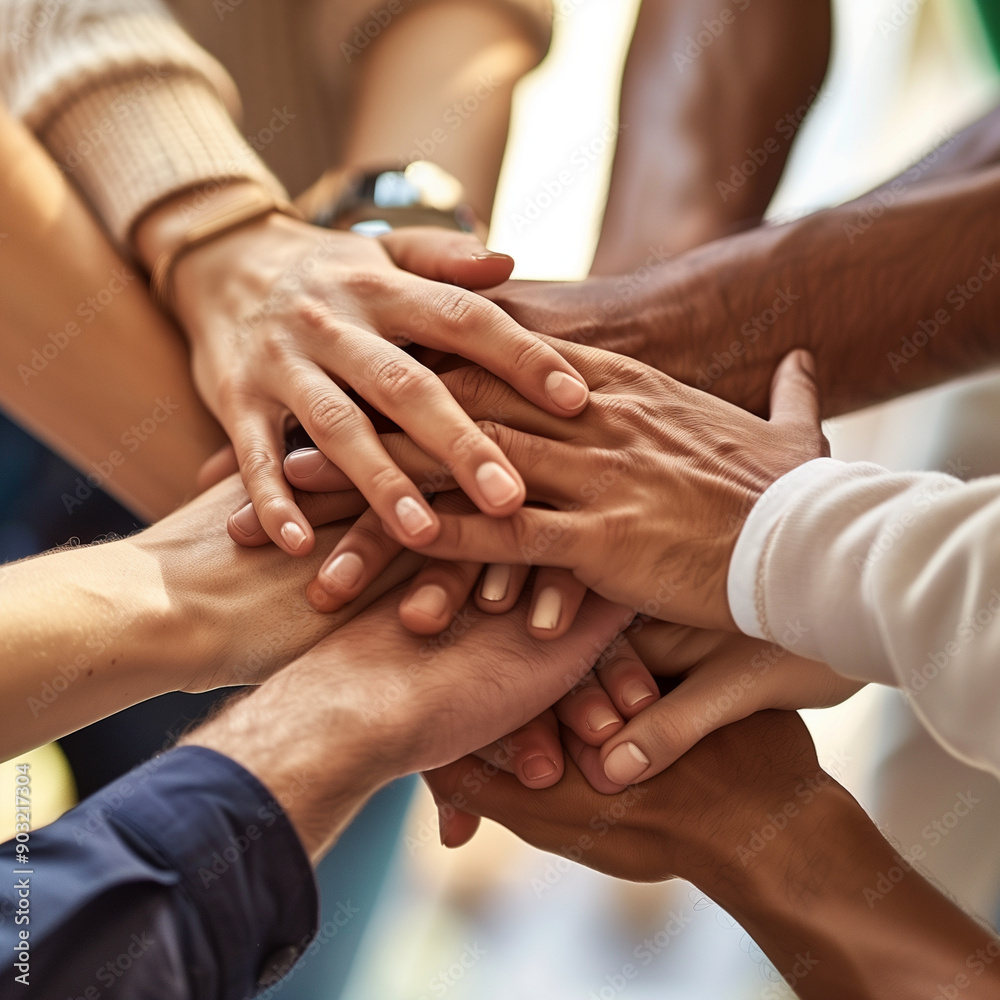 Close-up of diverse people stacking hands together in a circle, symbolizing support and teamwork Close-up of diverse people stacking hands together in a circle, symbolizing support and teamwork