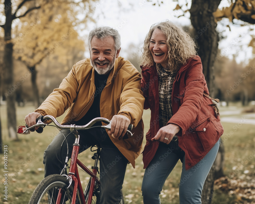Obraz premium Cheerful active senior couple with bicycle in public park together having fun lifestyle