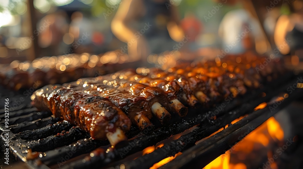 Ribs are being cooked on a grill and the grill is on fire Ribs are being cooked on a grill and the grill is on fire