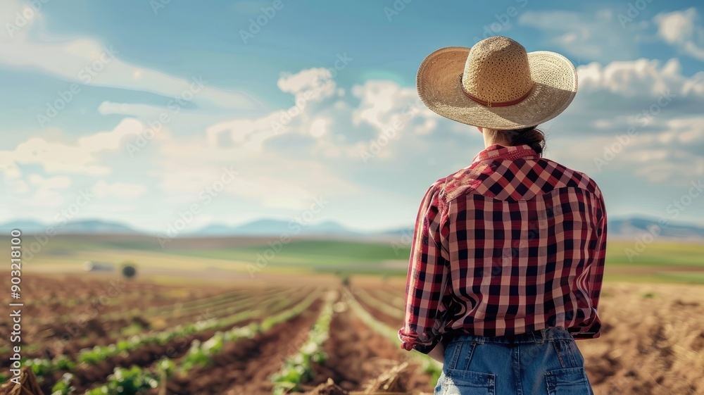 Woman in straw hat overlooking vast farmland Woman in straw hat overlooking vast farmland