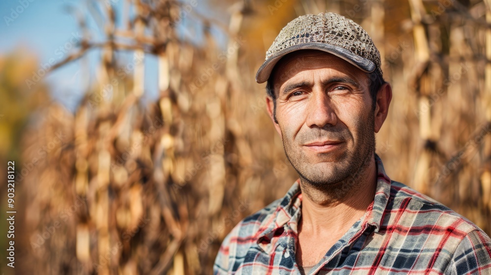 Middle-aged man outdoors in field with dry plants wearing cap and plaid shirt
