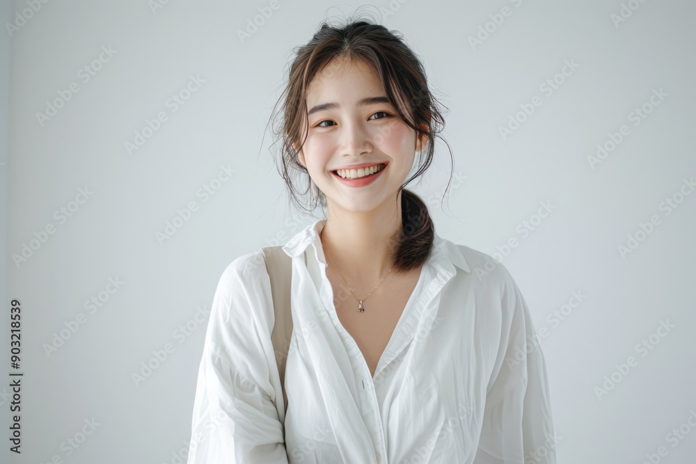 Happy Asian woman in white shirt walks confidently. Happy Asian woman in white shirt walks confidently.