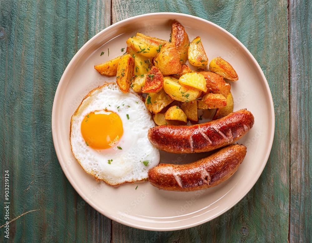 fried eggs with sausage and fried potatoes fried eggs with sausage and fried potatoes