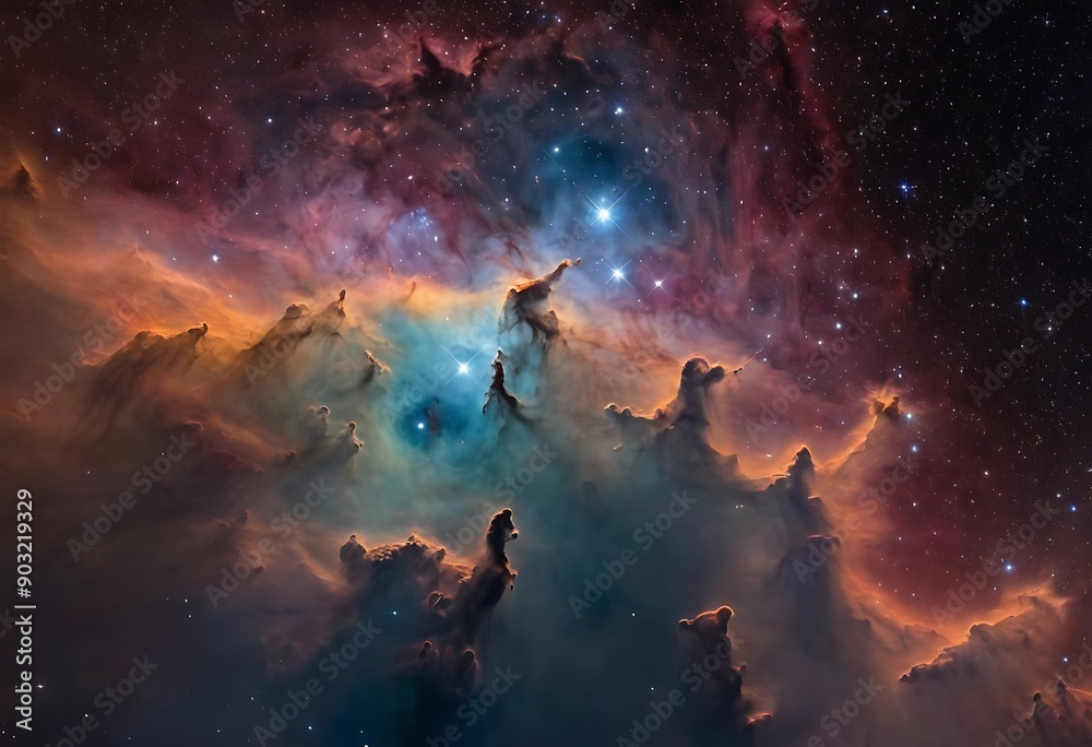 A region of space dense with star-forming activity, where new stars are being born within thick, colorful nebulae. A region of space dense with star-forming activity, where new stars are being born within thick, colorful nebulae.