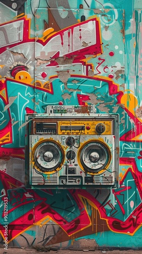 3D boombox, urban style, graffiti background, street culture