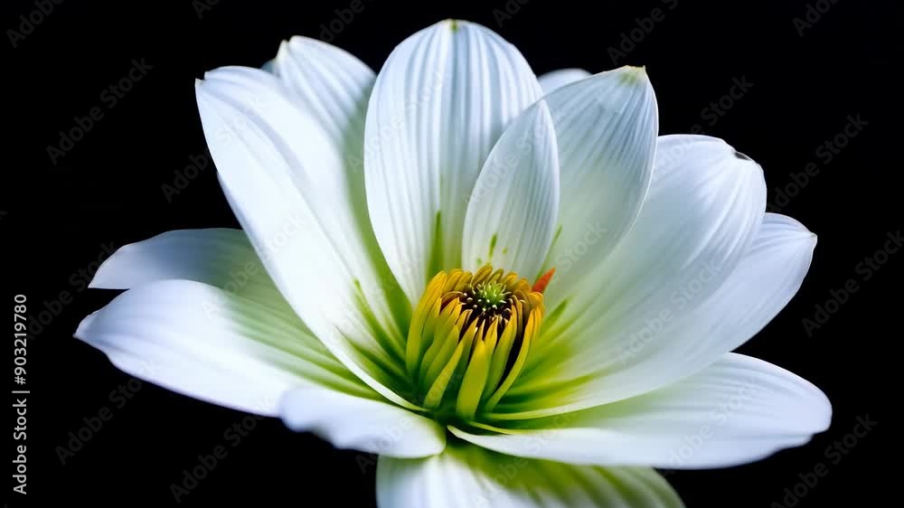 A white flower opens on a black background