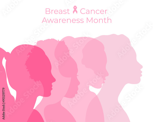 Breast Cancer Awareness Month.Banner with silhouettes of women standing side by side and space for text.Vector illustration.	