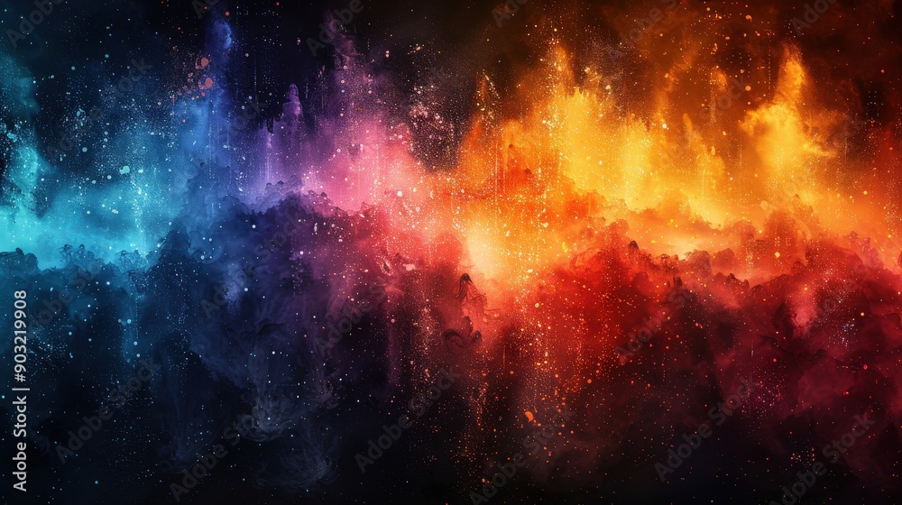 Naklejka premium A colorful abstract design with a rainbow powder splash, highlighting paint explosions, ink splatter, and dust effects on a textured white and black backdrop