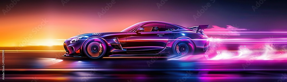 Race car speeding on a track with motion blur, Neon, Bright colors, Digital painting Race car speeding on a track with motion blur, Neon, Bright colors, Digital painting