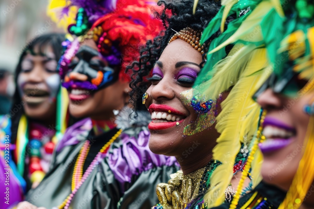 Happy African American woman and her friends in carnival costumes and make up on Mardi Gras parade. Happy African American woman and her friends in carnival costumes and make up on Mardi Gras parade.