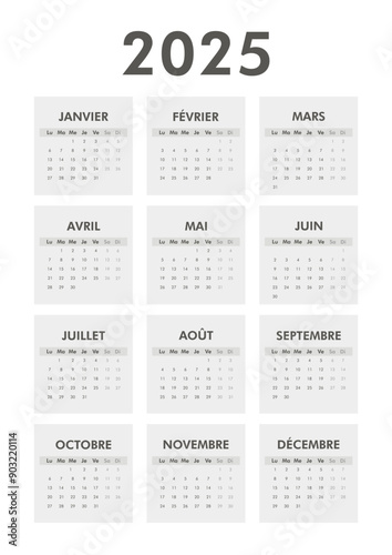 Black and white vertical classic calendar 2025 on French language. Week starts on Monday. Desk or wall calendar in minimalist style