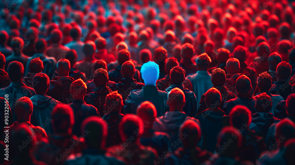 Obraz premium recruitment concept, rare talent, company hiring, a huge crowd of red people with one person highlighted in blue, future theme