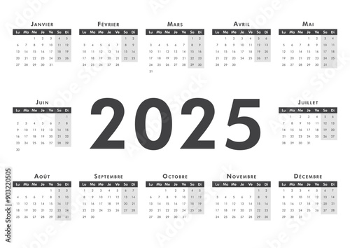 2025 horisontal black and white A4 calendar modern classic on French. Week starts on Monday. Desk or wall calendar in minimalist style