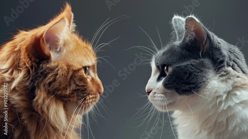 Two cats facing each other, one orange, gray and white, intense stare photo