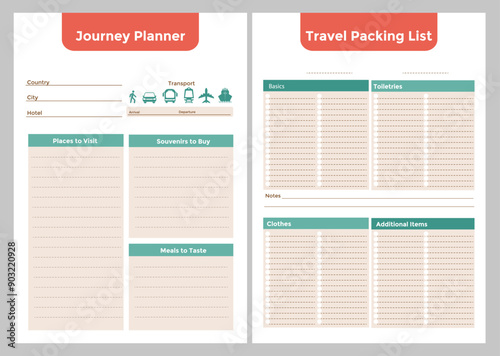 Travel Planner Printable Bullet journal template. Information of destination, transport, dates, and hotel. Places to visit and meals to try. Business Trip and Vacation. Travel Packaging list.
