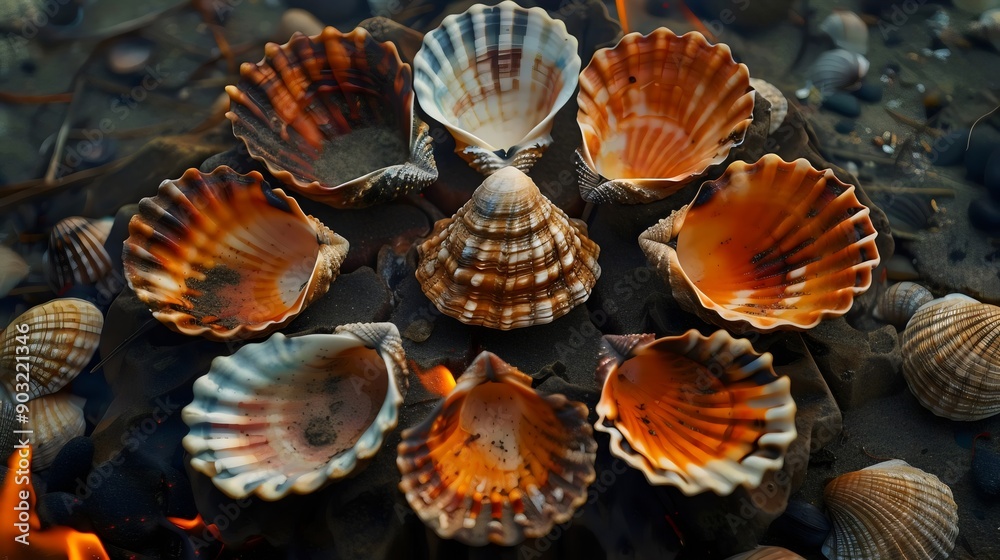 A group of shells are arranged in a circle on a beach A group of shells are arranged in a circle on a beach