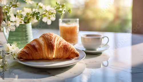 Cozy breakfast setup with a croissant and coffee on a marble table. The soft morning light and flowers create a warm and inviting atmosphere