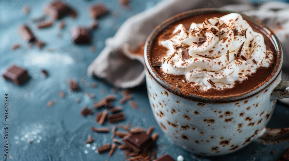 A warm, comforting hot drink in a speckled ceramic mug, topped with whipped cream and chocolate sprinkles, surrounded by chocolate chunks and crumbs for a cozy experience. A warm, comforting hot drink in a speckled ceramic mug, topped with whipped cream and chocolate sprinkles, surrounded by chocolate chunks and crumbs for a cozy experience.