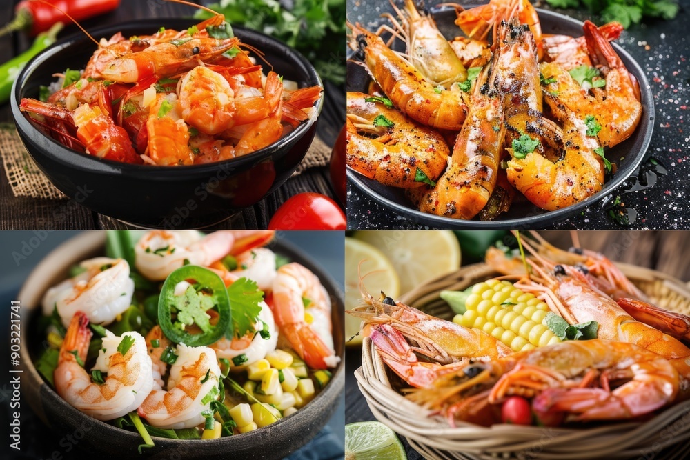 Seafood Dishes. Collection of Asian Shrimp Recipes with Corn and Cocktail Sauce Seafood Dishes. Collection of Asian Shrimp Recipes with Corn and Cocktail Sauce