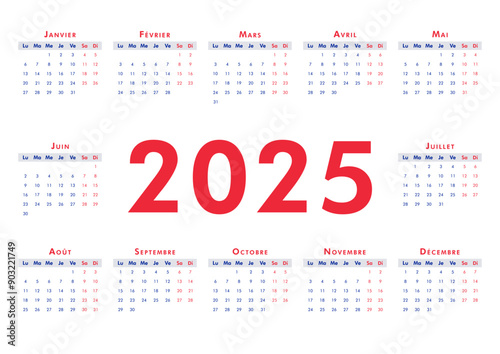 2025 horisontal A4 calendar modern classic on French language. Week starts on Monday. Desk or wall calendar in minimalist style