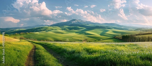 Wonderful springtime landscape in mountains. grassy field and rolling hills. rural scenery