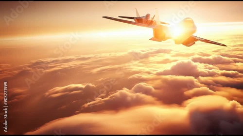 Two fighter jets flying above the clouds at sunset.