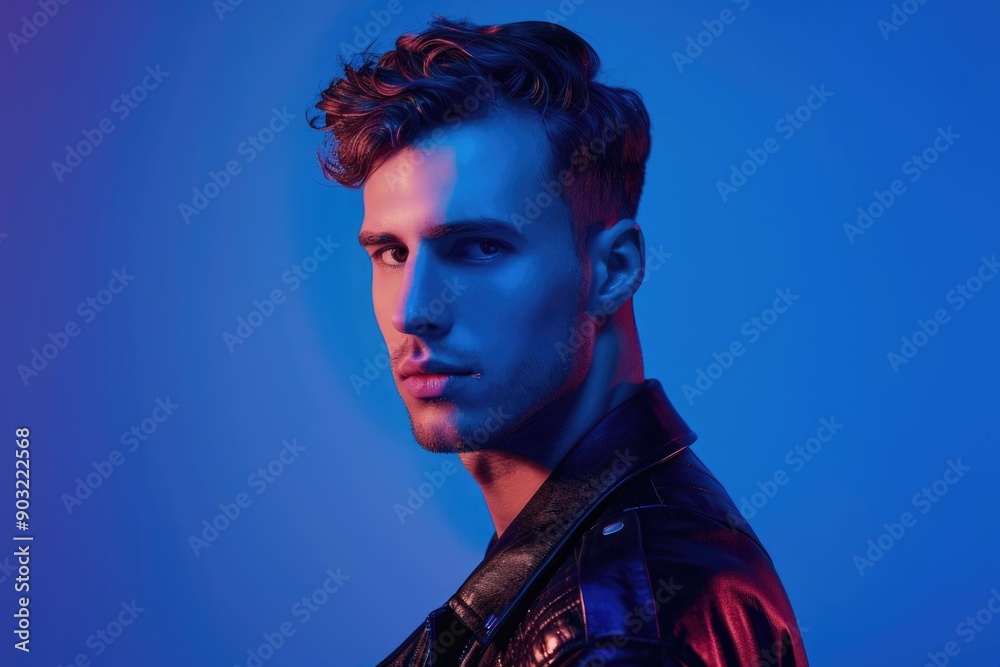Neon lit portrait of young man in leather clothing. Neon lit portrait of young man in leather clothing.
