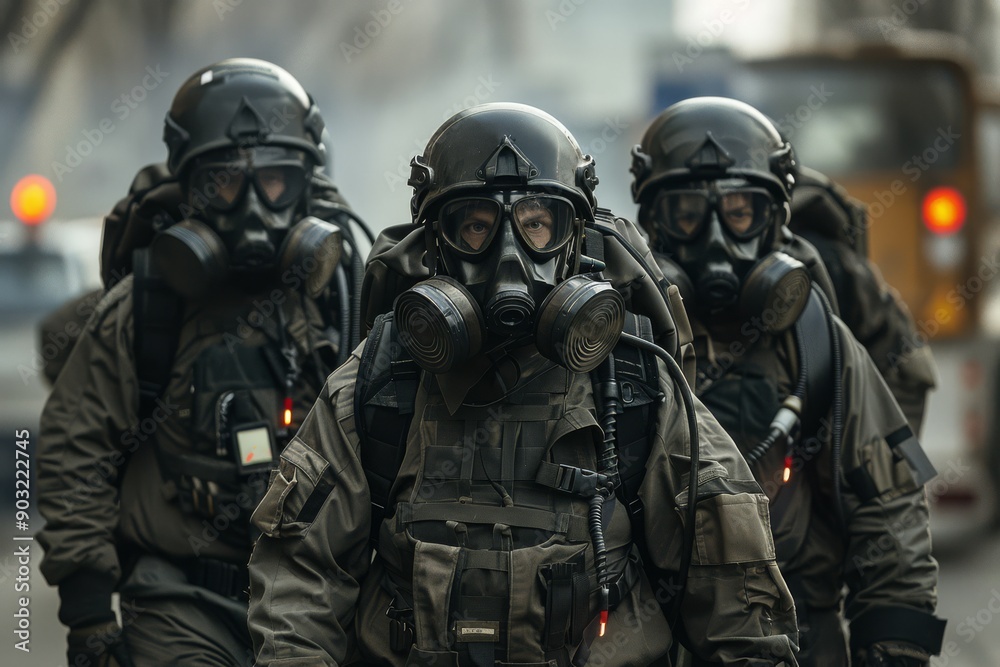 A trio of responders in black tactical hazmat suits with bulky gas masks and respirators advances through an urban area, ready for a high-risk radiation mission.