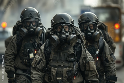 A trio of responders in black tactical hazmat suits with bulky gas masks and respirators advances through an urban area, ready for a high-risk radiation mission.