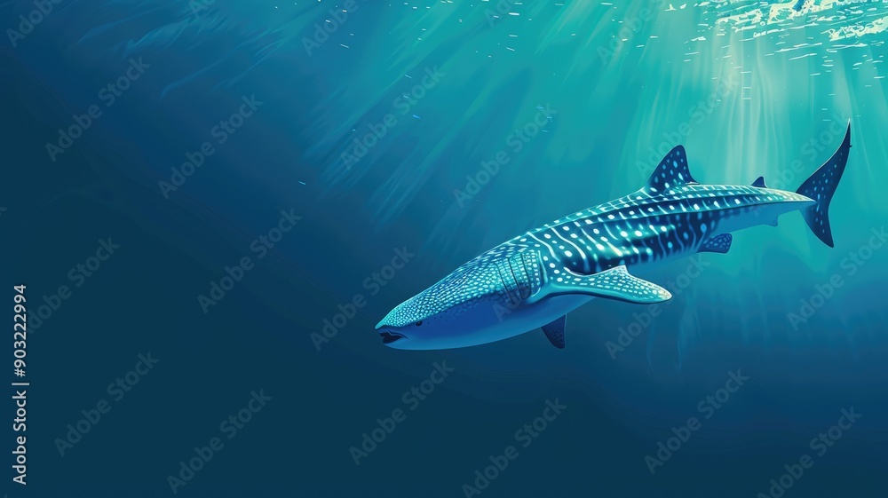 Fototapeta premium Stunning illustration of whale shark swimming in deep blue ocean under sunlight