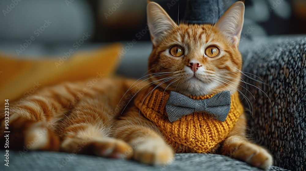 Cute Ginger Cat Wearing a Yellow Knitted Scarf and a Gray Bow Tie Cute Ginger Cat Wearing a Yellow Knitted Scarf and a Gray Bow Tie