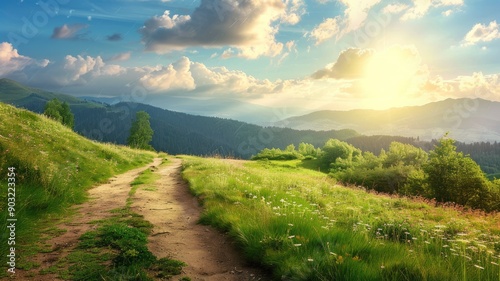 Sunlit path through verdant hills, with stunning mountain view and cloudy sky