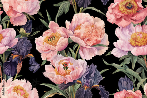 Seamless vector pattern with peony and iris flowers isolated on a changeable background.	
