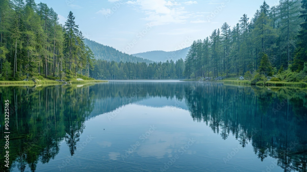 Tranquil lake with reflections of the surrounding forest, calm and serene Tranquil lake with reflections of the surrounding forest, calm and serene