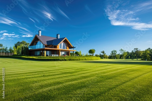 House In Country. Modern Luxury Home in American Countryside with Expansive Lawn