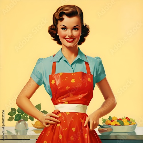 60'S ILLUSTRATION OF A WOMAN IN THE KITCHEN VINTAGE photo