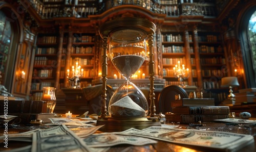 Fleeting moments: hourglass, the rapidity of the passage of time, emphasizing that time is money, and underscoring the intrinsic value of every second in our lives and endeavors photo