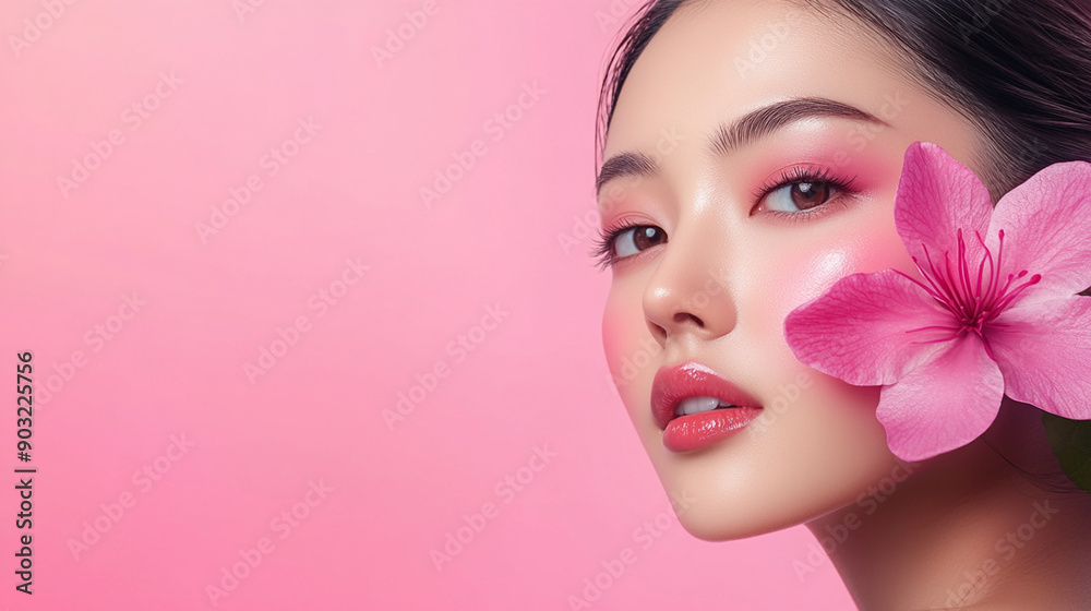 Beautiful young asian woman with flowers and petals on her face. Beauty parlor horizontal banner concept, copyspace Beautiful young asian woman with flowers and petals on her face. Beauty parlor horizontal banner concept, copyspace