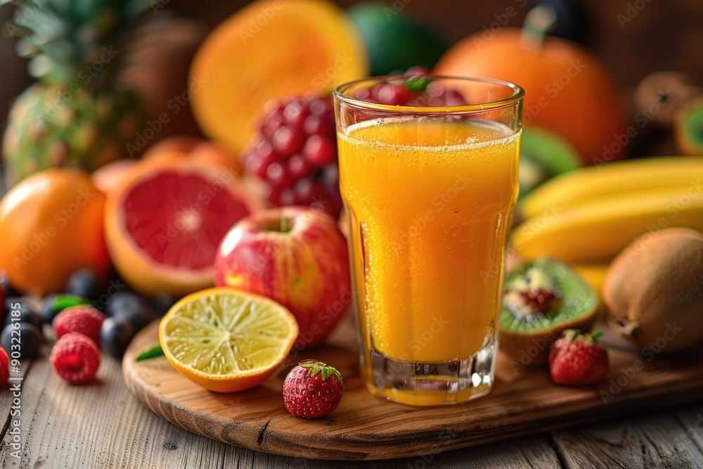 Glass of fresh juice with fresh fruits and vegitables on wooden table healthy food Glass of fresh juice with fresh fruits and vegitables on wooden table healthy food