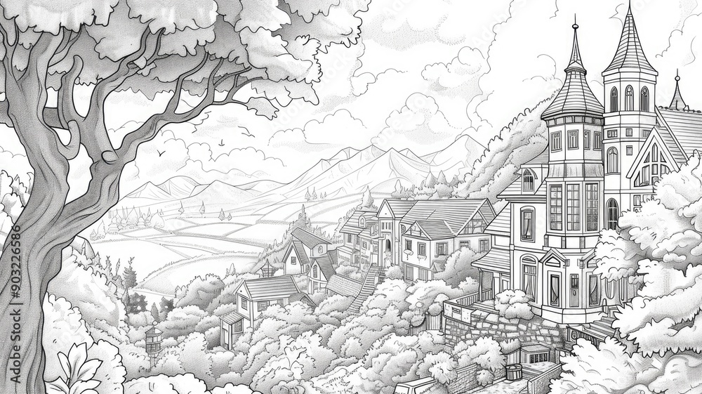 Fototapeta premium Black and white illustration of scenic village on hillside, featuring quaint houses, lush trees, distant mountains