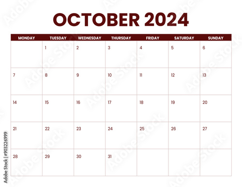 October Calendar 2024, monday start with autumn theme