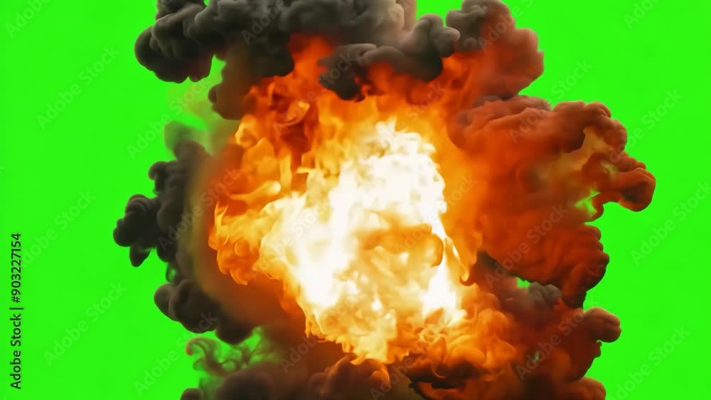 Dynamic Fiery Explosion with Black Smoke on Green Screen Background for Visual Effects. Dynamic Fiery Explosion with Black Smoke on Green Screen Background for Visual Effects.