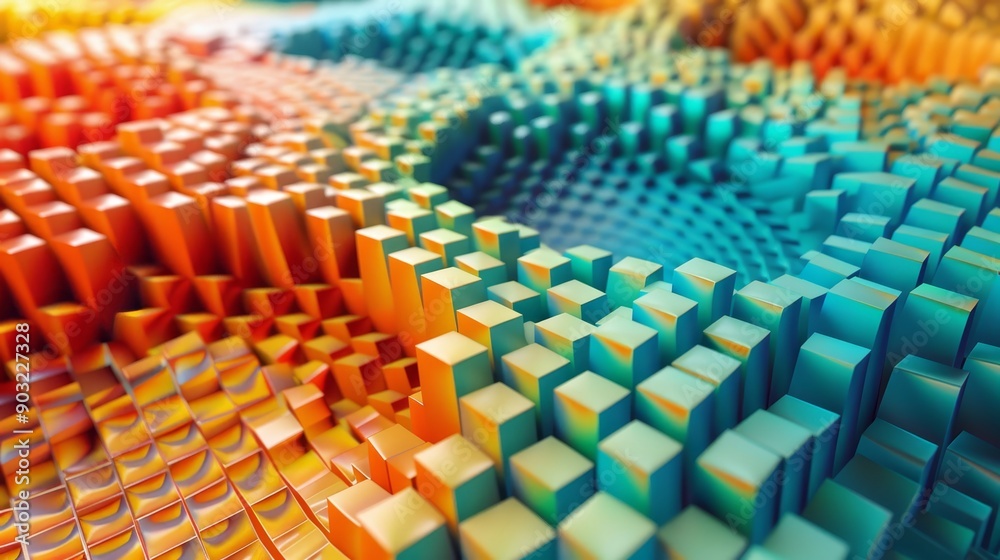 Obraz premium Colorful Geometric Patterns Forming Waves in a 3D Landscape During Bright Light Conditions