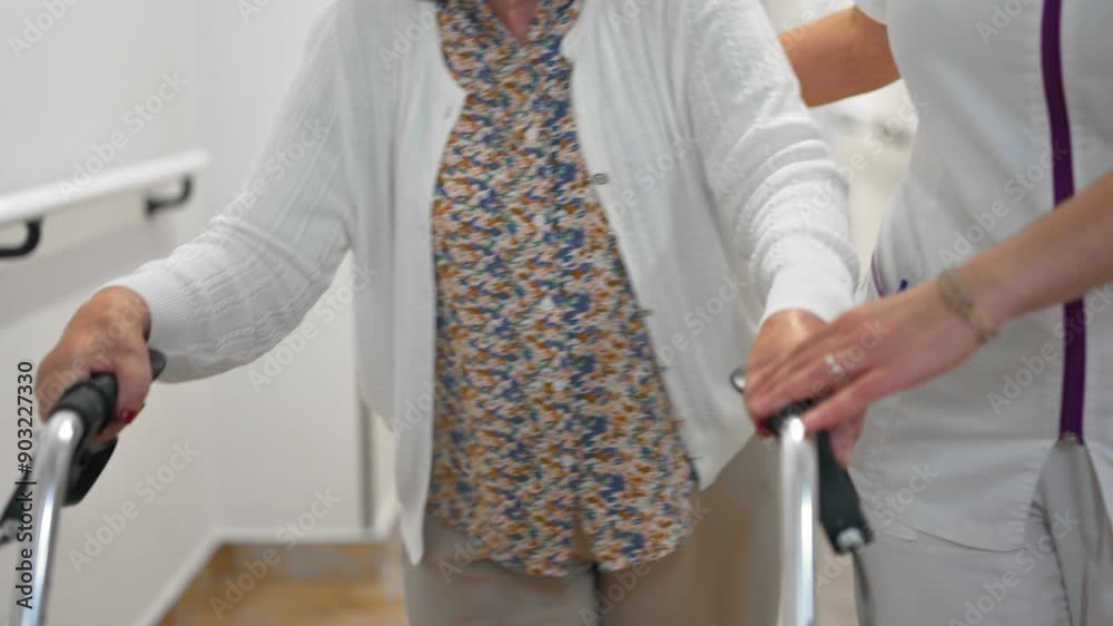 Nurse helping old woman to walk at nursing home with walker. Young ...