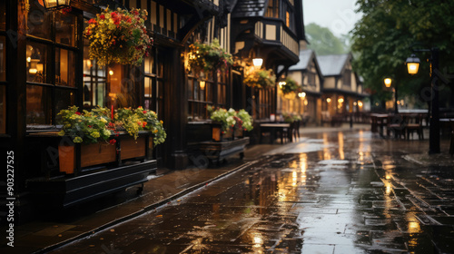 traditional pub on a rainy street of an English city, architecture, house, windows, building, England, Great Britain, Scotland, bar, hotel, lights, evening, night, paving stones, European town, puddle