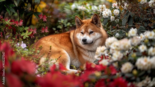 Akita in a blooming garden