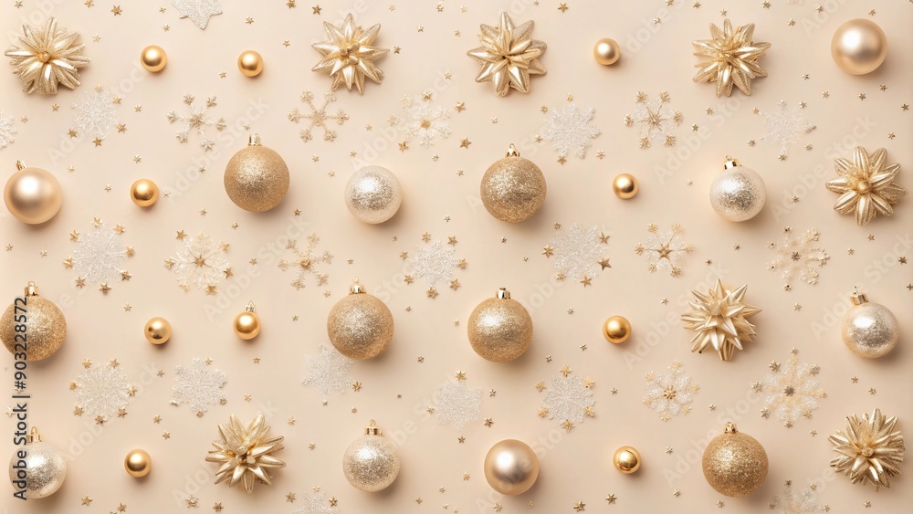 Holiday pattern with snowflakes and balls, New Year with glitter on beige background