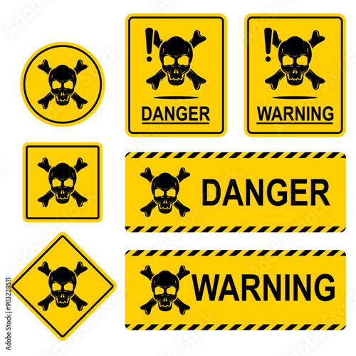 Warning, hazardous symbol featuring a skull icon. Cautionary skull emblem. Lethal alert, dangerous poison in different yellow shape design collection. Vector graphic illustration.